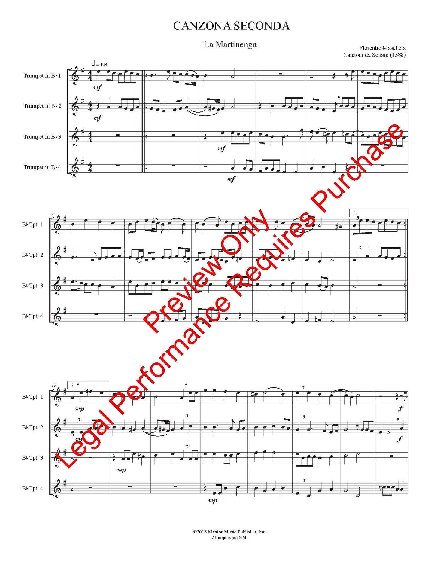 Canzona Secunda (La Martinenga) for 4 Trumpets – musical score preview, page 1