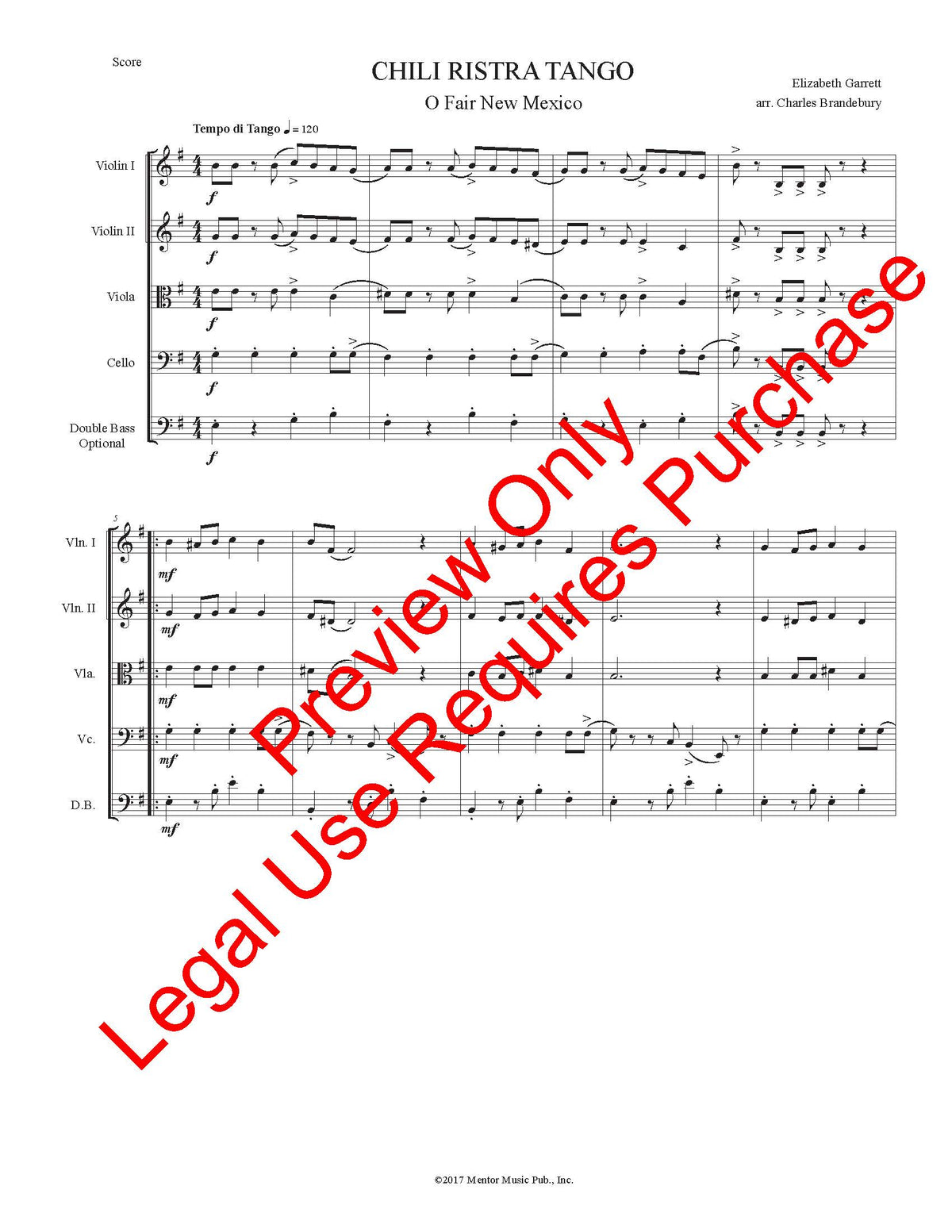 Chili Ristra Tango (O Fair New Mexico) for String Quartet (Quintet) – musical score preview, page 1