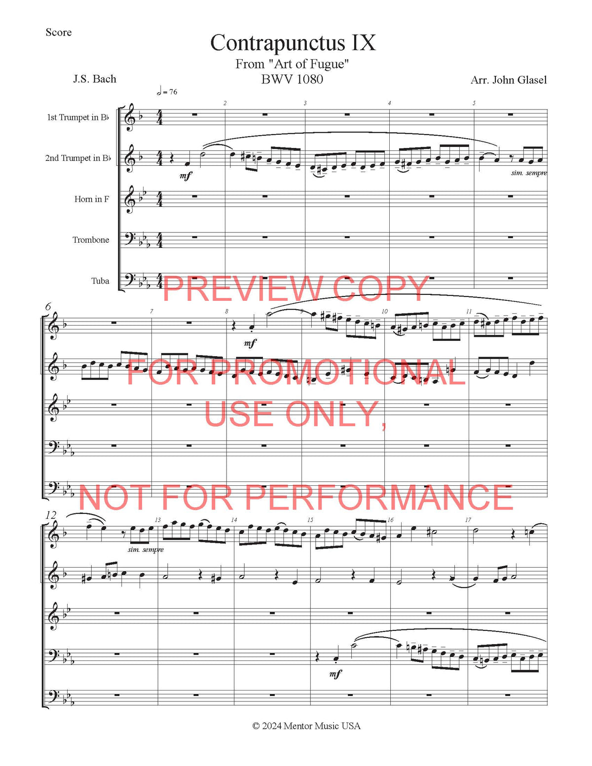 Contrapunctus IX from Bach's Art of Fugue for Brass Quintet – sheet music interior preview 2