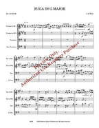 Sheet music for 'Fuga in G Major' by J.S. Bach with musical notation and text.