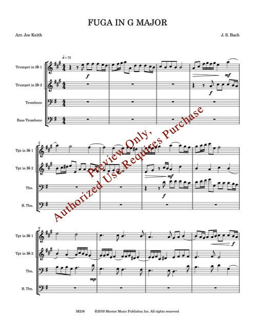 Sheet music for 'Fuga in G Major' by J.S. Bach with musical notation and text.