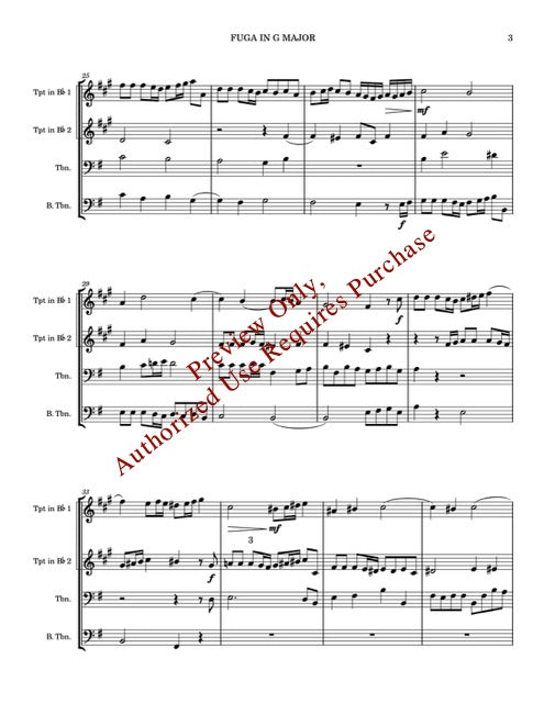 Sheet music for a fugue in G major with text indicating pre-sale and authorized use.