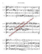 Sheet music for a fugue in G major with text overlay.