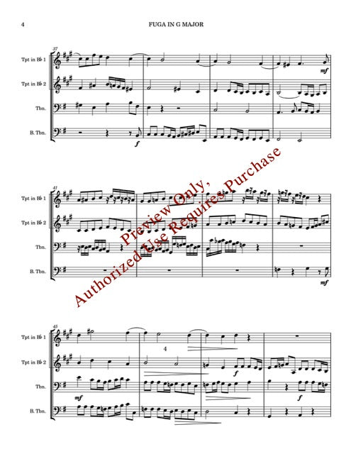 Sheet music for a fugue in G major with text overlay.