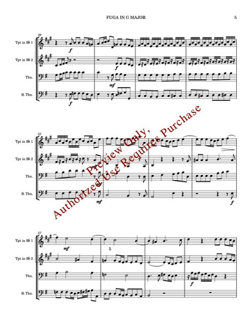 Sheet music for a fugue in G major with red text overlay.