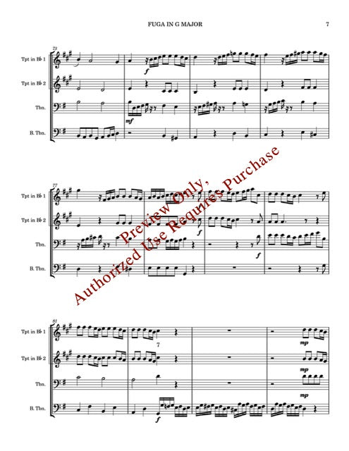 Sheet music for a fugue in G major with musical notation and text.