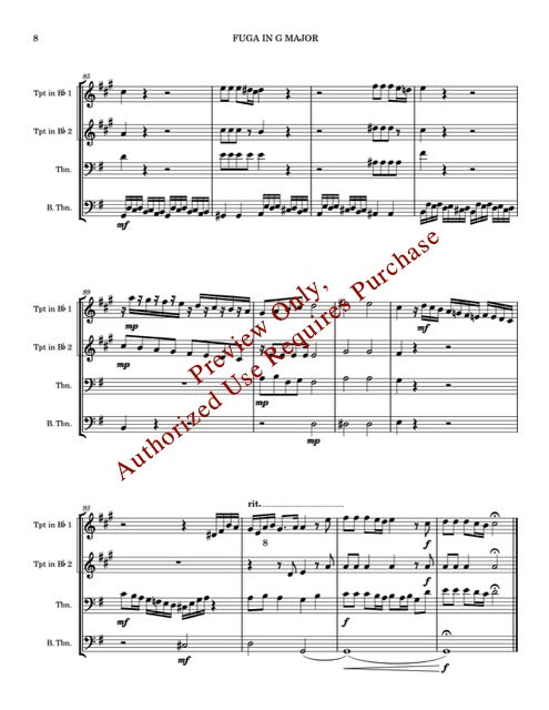 Sheet music for a fugue in G major with musical notation on a white background.