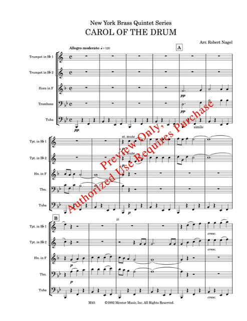 Carol of the Drum for Brass Quintet