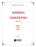 Sheet music cover for 'Andrieu Concertino Op. 163' for trumpet and piano, part of the Mentor Music Solo Series.