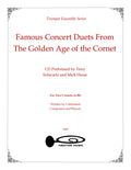 Cover of 'Famous Concert Duets From The Golden Age of the Cornet' with trumpet illustration and text.