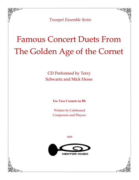 Cover of 'Famous Concert Duets From The Golden Age of the Cornet' with trumpet illustration and text.